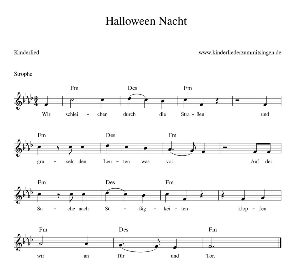 Halloween Nacht - Kinderlieder - Noten - Text - Kinderlieder zum 